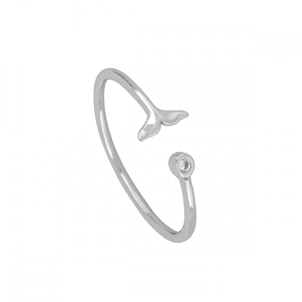 anillo abierto y ajustable cola de ballena para verano. de plata rodiada con baño de oro 18 kilates.