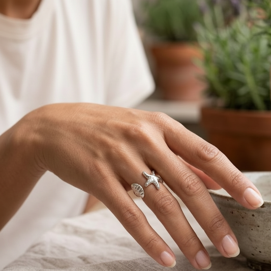anillo ajustable para verano en forma de concha y estrella de mar. Puedes elegirlo en dorado o plateado y es resistente al agua. está confeccionado en acero hipoalergénico e inoxidable. Gold plated stainless steel adjustable waterproof satarfish and sea shell ring. talla única ajustable.