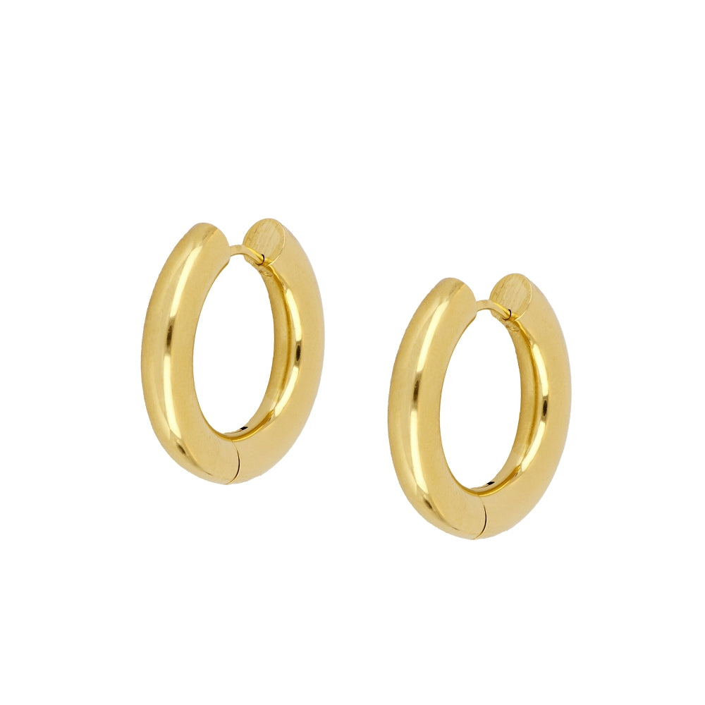 pendientes medianos de aro grueso dorado o plateado. confeccionados en acero con baño de oro 18 kilates. Gold plated steel big chunky hoop earrings