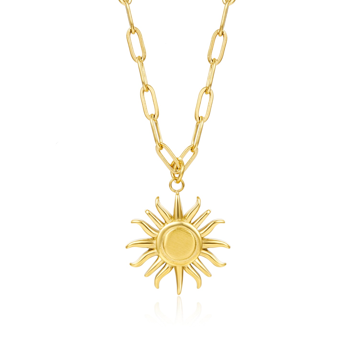 COLLAR largo con sol resistente al agua confeccionado en acero inoxidable con baño de oro 18 kilates. Gold plated stainless Steel adjustable waterproof gold plated stainless steel long sun pendant necklace