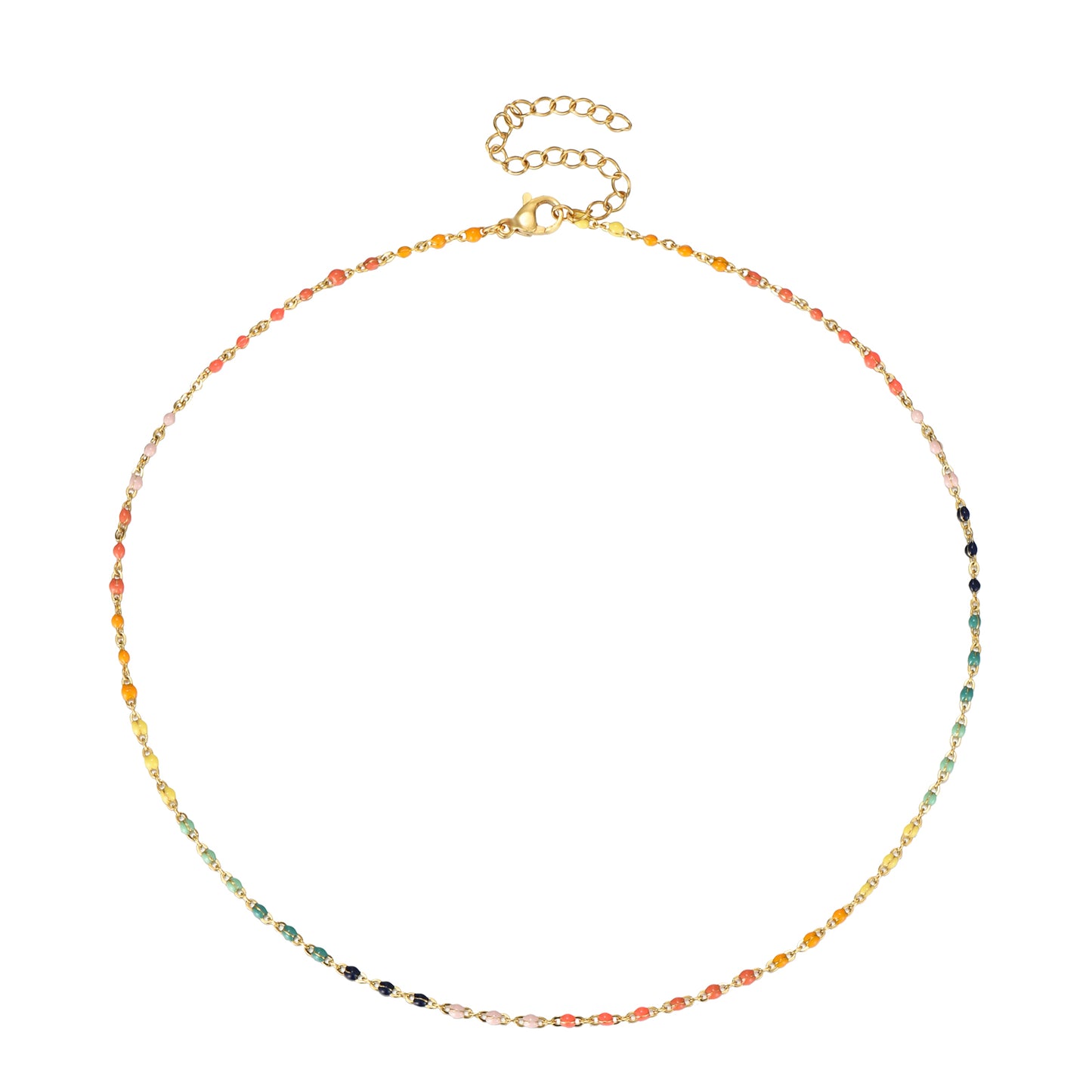 gargantilla dorada waterproof o resistente al agua confeccionada en acero con baño de oro de 3 micras. Tiene bolitas de enamel multicolor y el cierre es ajustable. collar hipoalergénico e inoxidable. gold plated stainless steel color bead necklace.