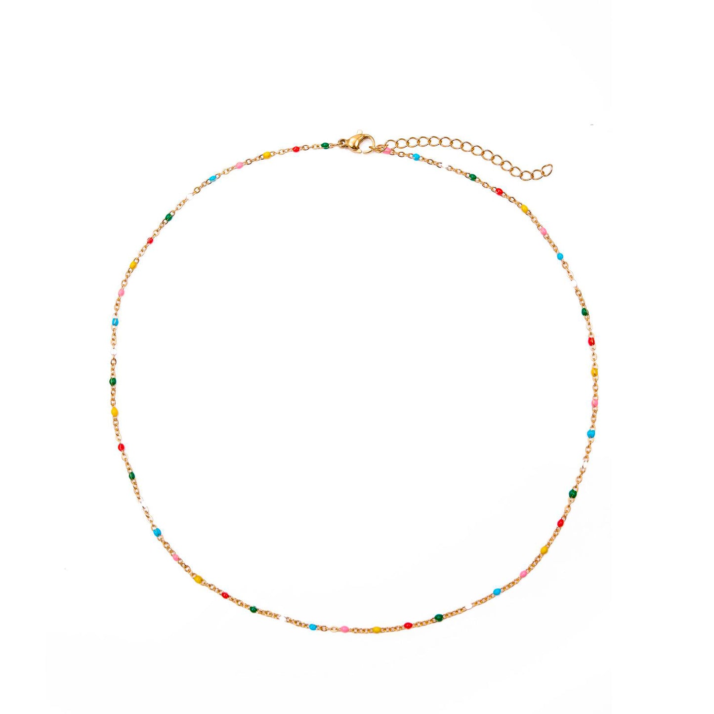 gargantilla dorada waterproof o resistente al agua confeccionada en acero con baño de oro de 3 micras. Tiene bolitas de enamel multicolor y el cierre es ajustable. collar hipoalergénico e inoxidable. gold plated stainless steel rainbow bead necklace.