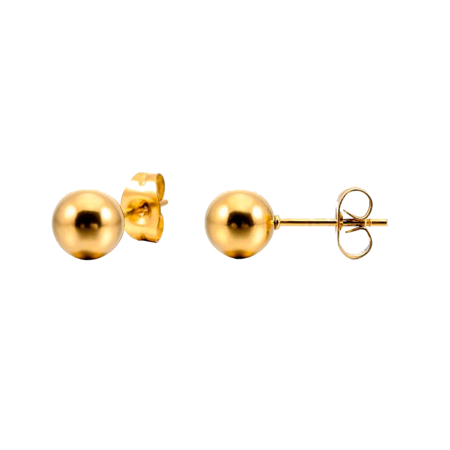 pendientes de bola dorados o plateados para niña. son de acero hipoalergénico e inoxidable con baño de oro y resistentes al agua. Gold plated stainless steel ball stud earrings for piercing