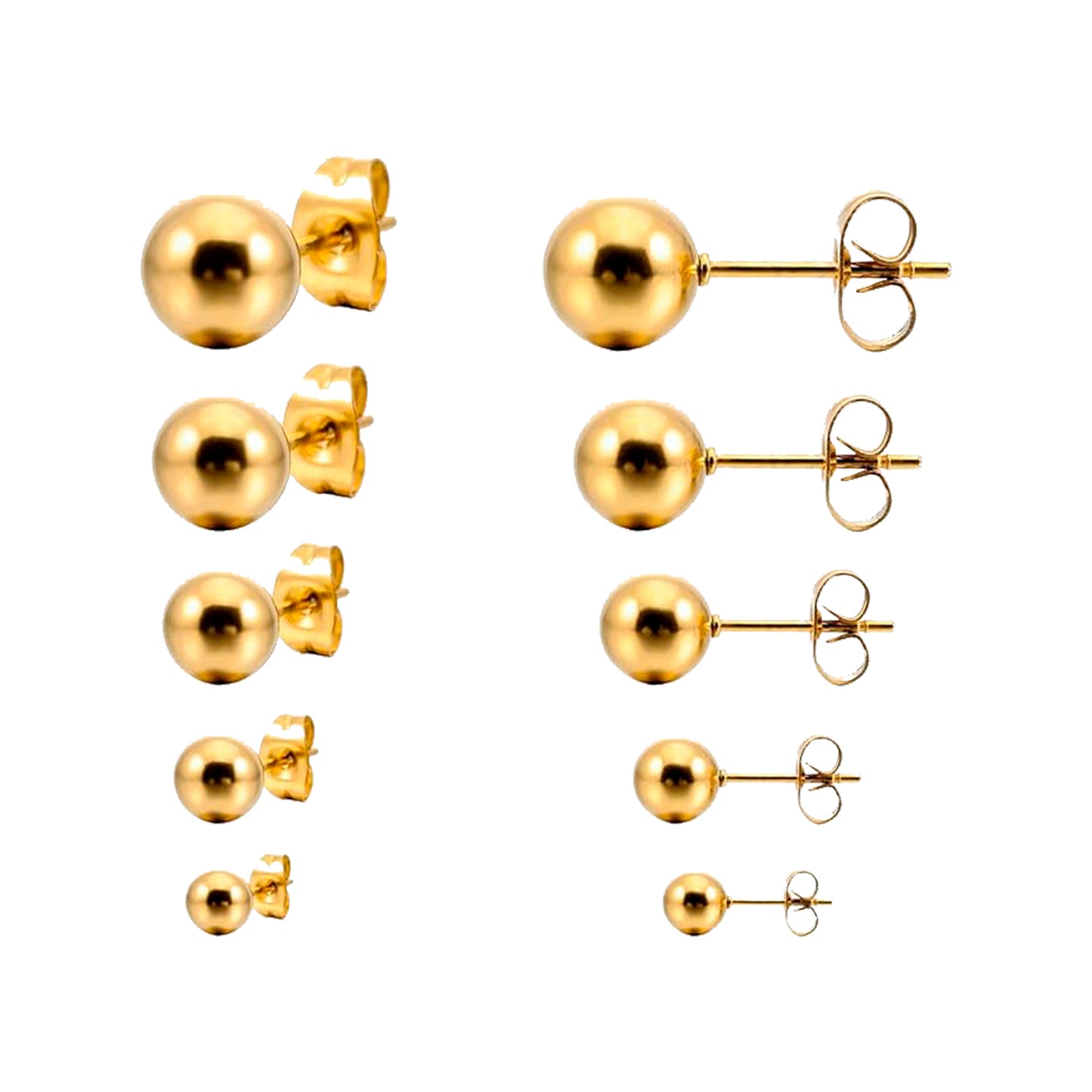 pendientes de bola dorados o plateados para niña. son de acero hipoalergénico e inoxidable con baño de oro y resistentes al agua. Gold plated stainless steel ball stud earrings for piercing