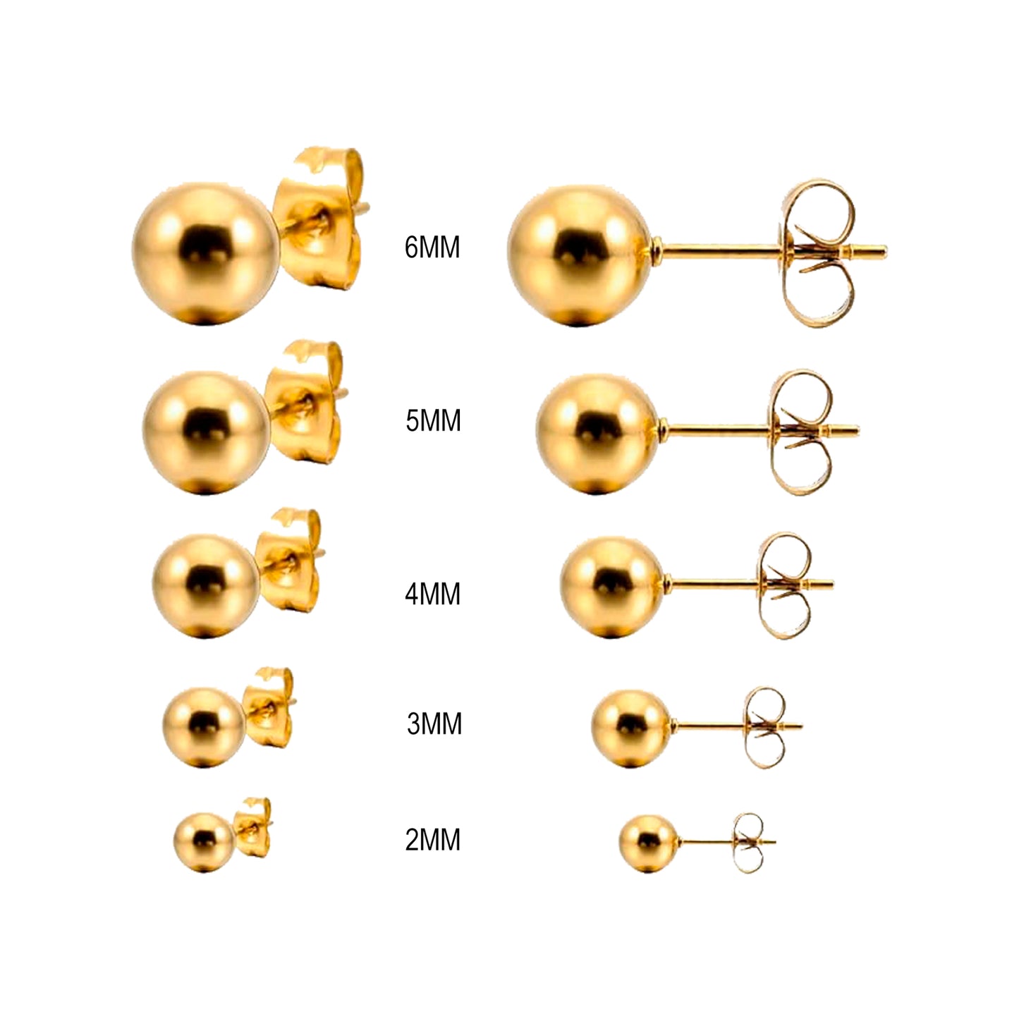pendientes de bola dorados o plateados para niña. son de acero hipoalergénico e inoxidable con baño de oro y resistentes al agua. Gold plated stainless steel ball stud earrings for piercing
