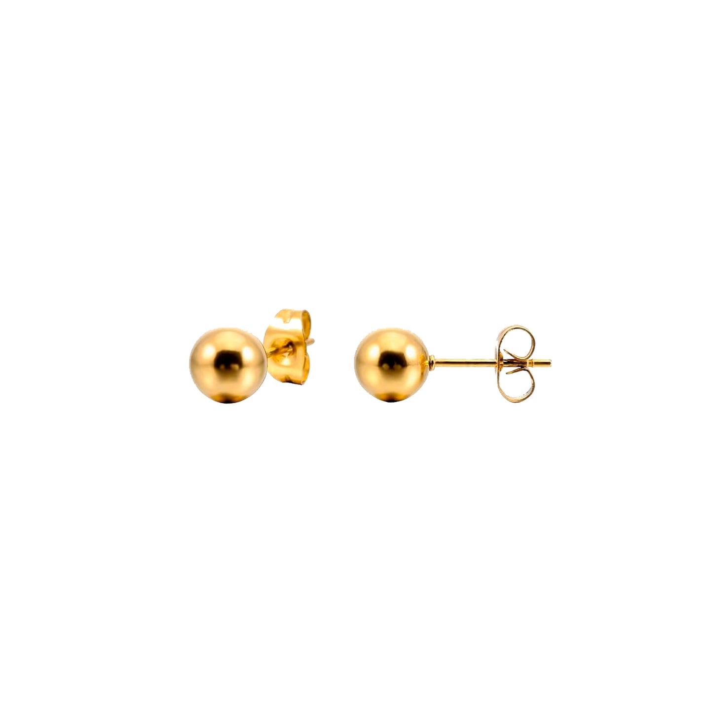 pendientes de bola dorados o plateados para niña. son de acero hipoalergénico e inoxidable con baño de oro y resistentes al agua. Gold plated stainless steel ball stud earrings for piercing