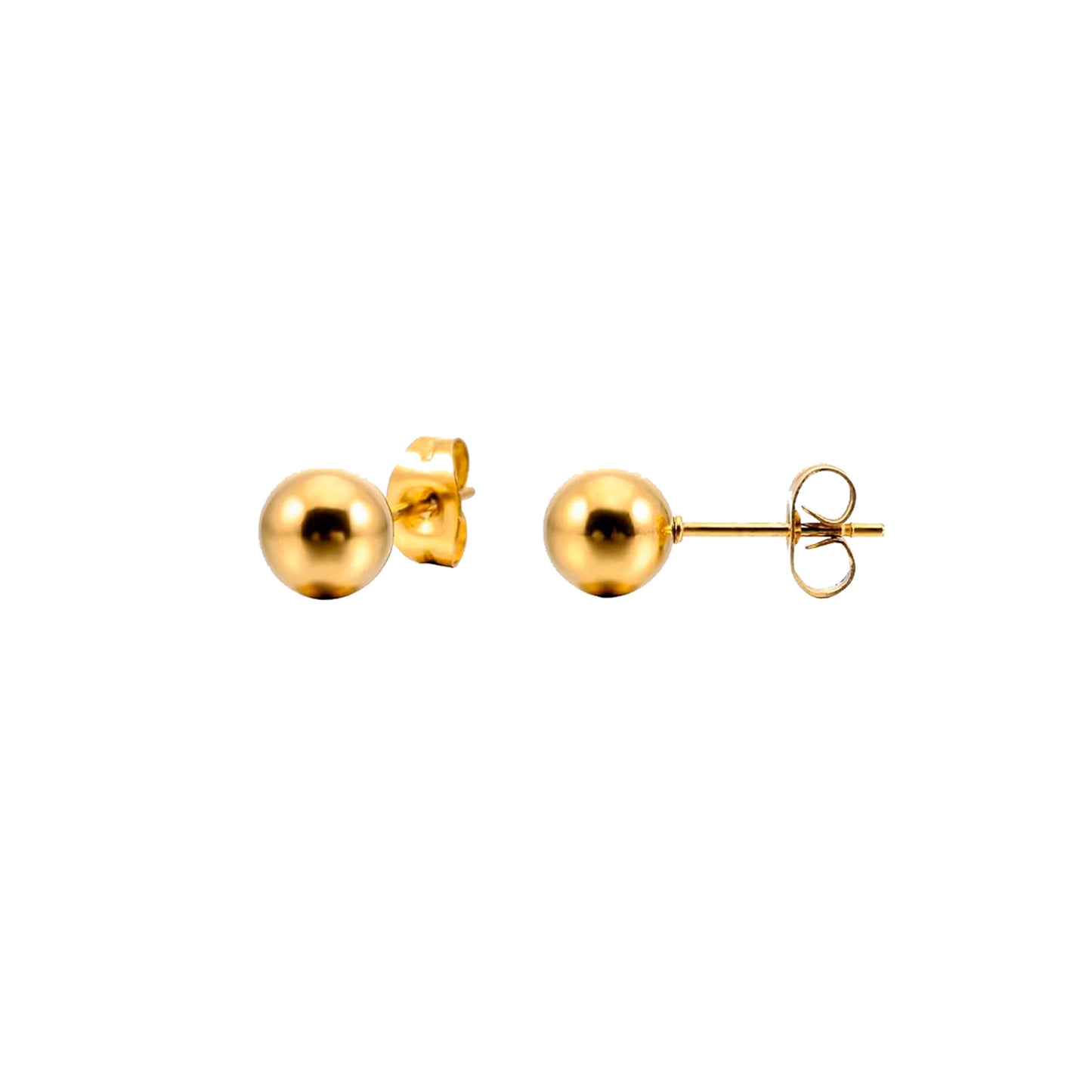 pendientes de bola dorados o plateados para niña. son de acero hipoalergénico e inoxidable con baño de oro y resistentes al agua. Gold plated stainless steel ball stud earrings for piercing