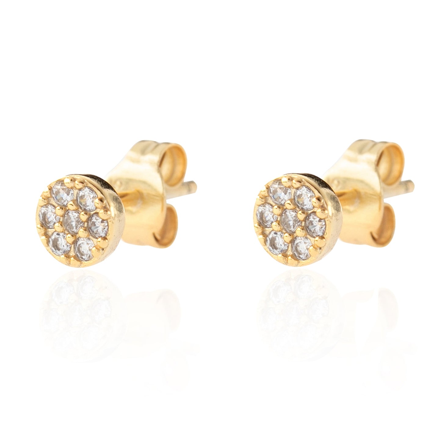 pendientes de brillante solitario redondo con circonitas que parecen de diamantes buenos. El material es plata de ley bañada en oro 18 kilates y son hipoalergénicos. Gold plated sterling silver round zircon diamond earrings