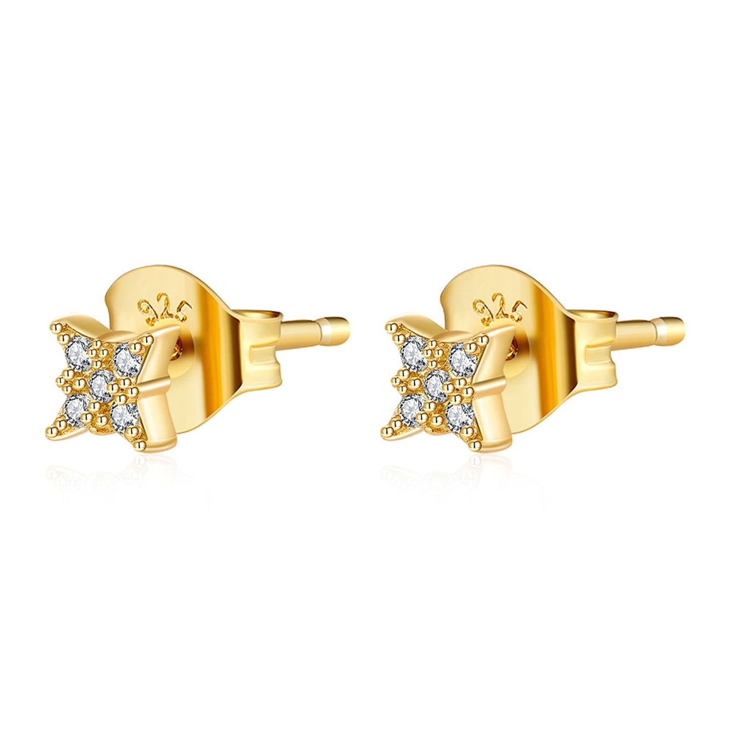 pendientes para piercing de brillante estrella con circonitas que parecen de diamantes buenos. El material es plata de ley bañada en oro 18 kilates y son hipoalergénicos. Gold plated sterling silver tiny small star zircon diamond earrings