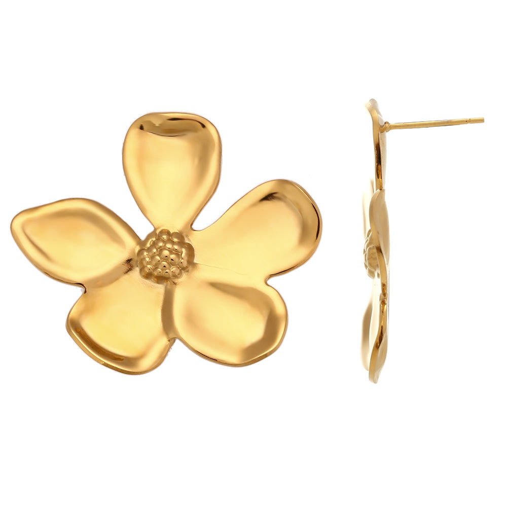 pendientes dorados grandes de flor para invitada a boda o fiesta de primavera. son de acero resistente al agua e hipoalergénico. Gold plated stainless steel big flower earrings