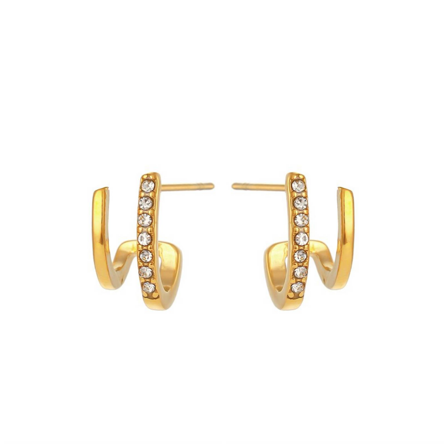 aro pequeño ovalado en acero hipoalergenico con baño de oro y circonitas. Gold plated stainless steel small oval hoop zircon earrings