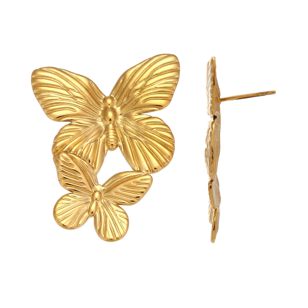 pendientes dorados largos de mariposa para invitada a boda o fiesta de primavera. son de acero resistente al agua e hipoalergénico. Gold plated stainless steel butterfly long earrings