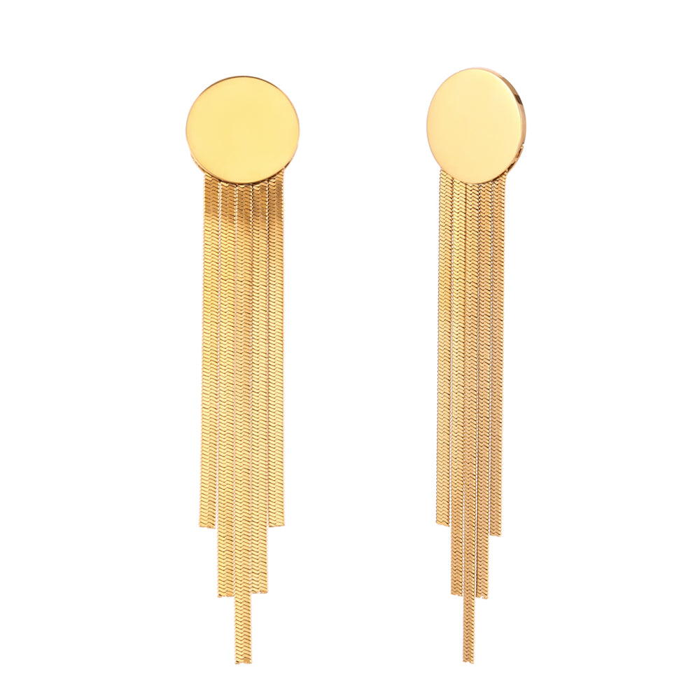 pendientes de flecos largos de fiesta para una invitada a boda o evento. No pesan y son perfectos para lóbulo rasgado. Son de cadenas largas con círculo. Son hipoalergénicos y resistentes al agua. Gold plated stainless steellong fringe earrings