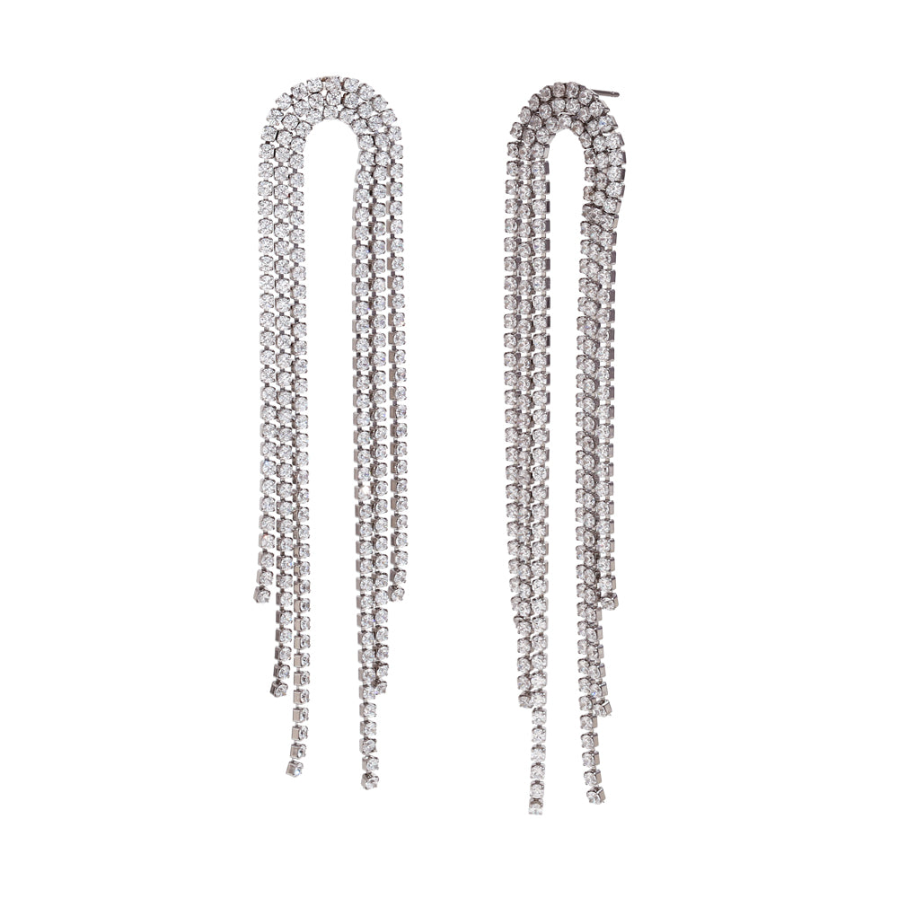 pendientes de fiesta largos con brillantes tipo tenis con estrella o sol. es de plata de ley con baño de oro 18 kilates. gold plated sterling silver long zircon tennis chain holiday earrings