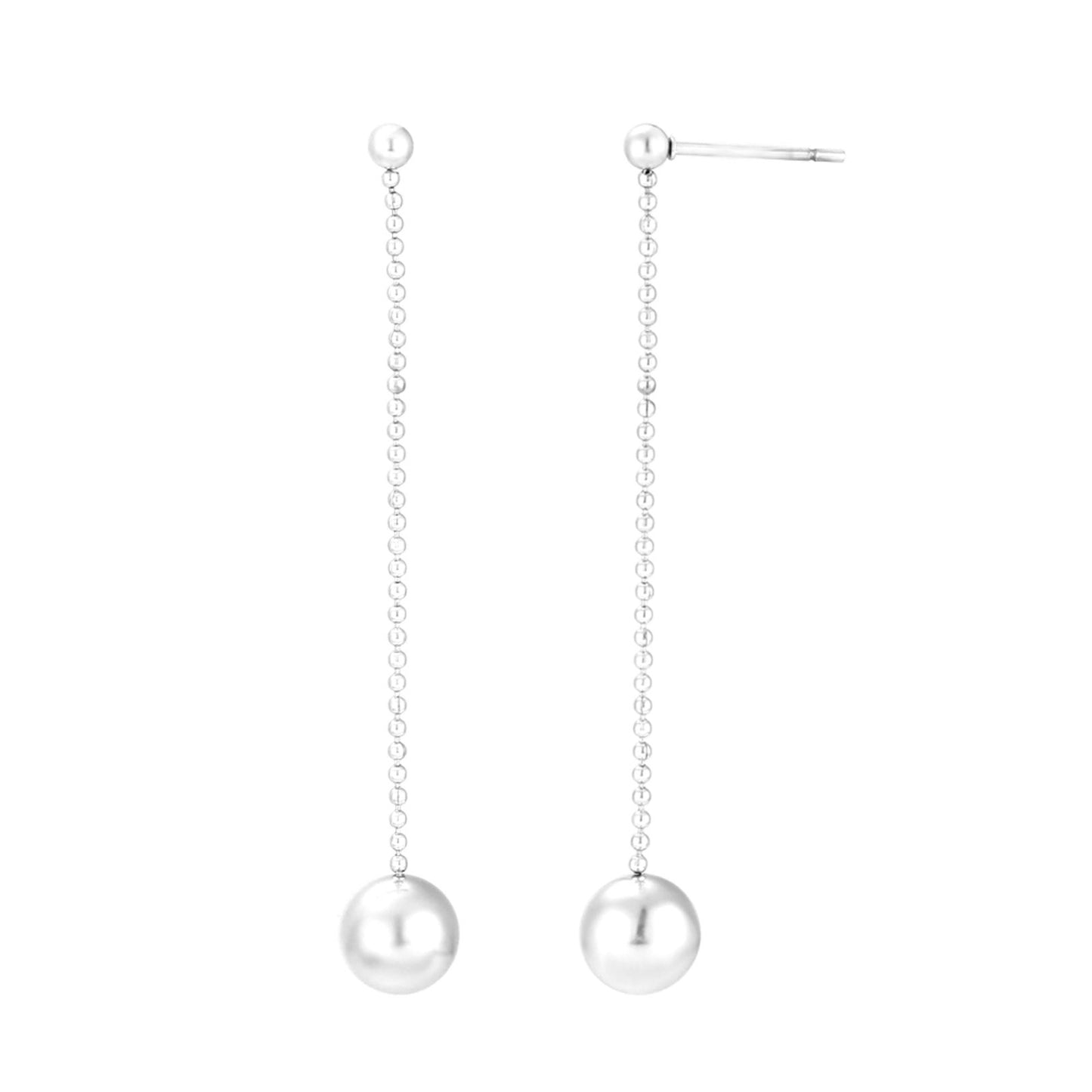 pendientes largos de fiesta para una invitada a boda o evento. Son de cadena larga con bola colgante en acero hipoalergénico resistente al agua. Gold plated stainless steel long wrecking ball earrings