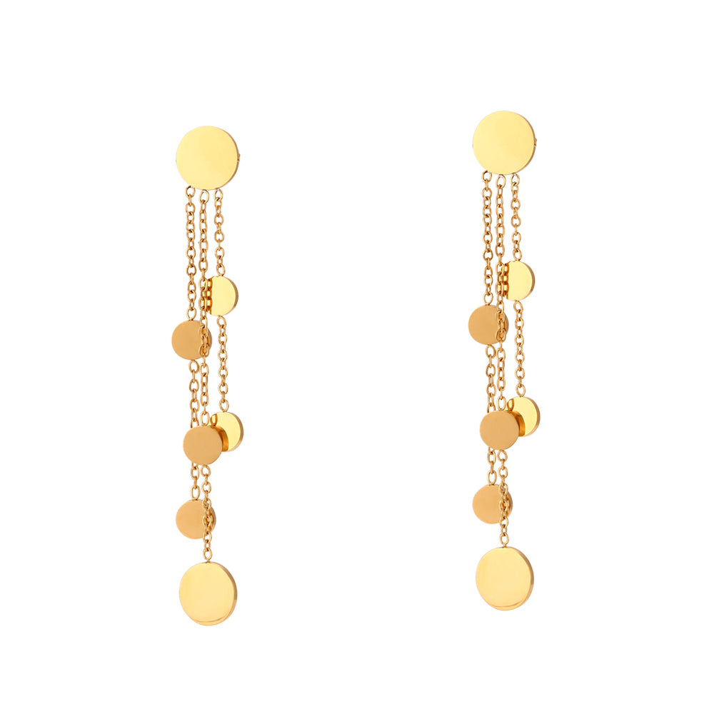 pendientes largos de fiesta para una invitada a boda o evento. No pesan y son perfectos para lóbulo rasgado. Son de cadenas largas con chapas colgantes en acero hipoalergénico resistente al agua. Gold plated stainless steel long pendant earrings