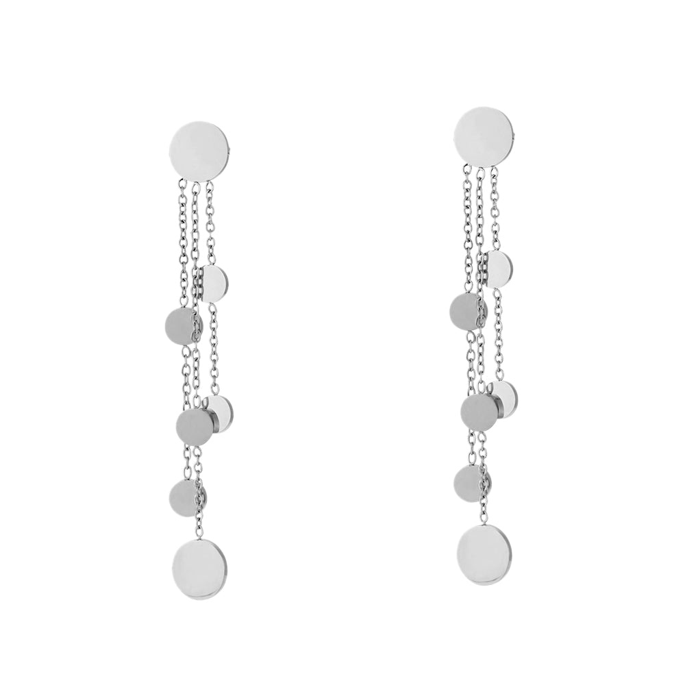 pendientes largos de fiesta para una invitada a boda o evento. No pesan y son perfectos para lóbulo rasgado. Son de cadenas largas con chapas colgantes en acero hipoalergénico resistente al agua. Gold plated stainless steel long pendant earrings