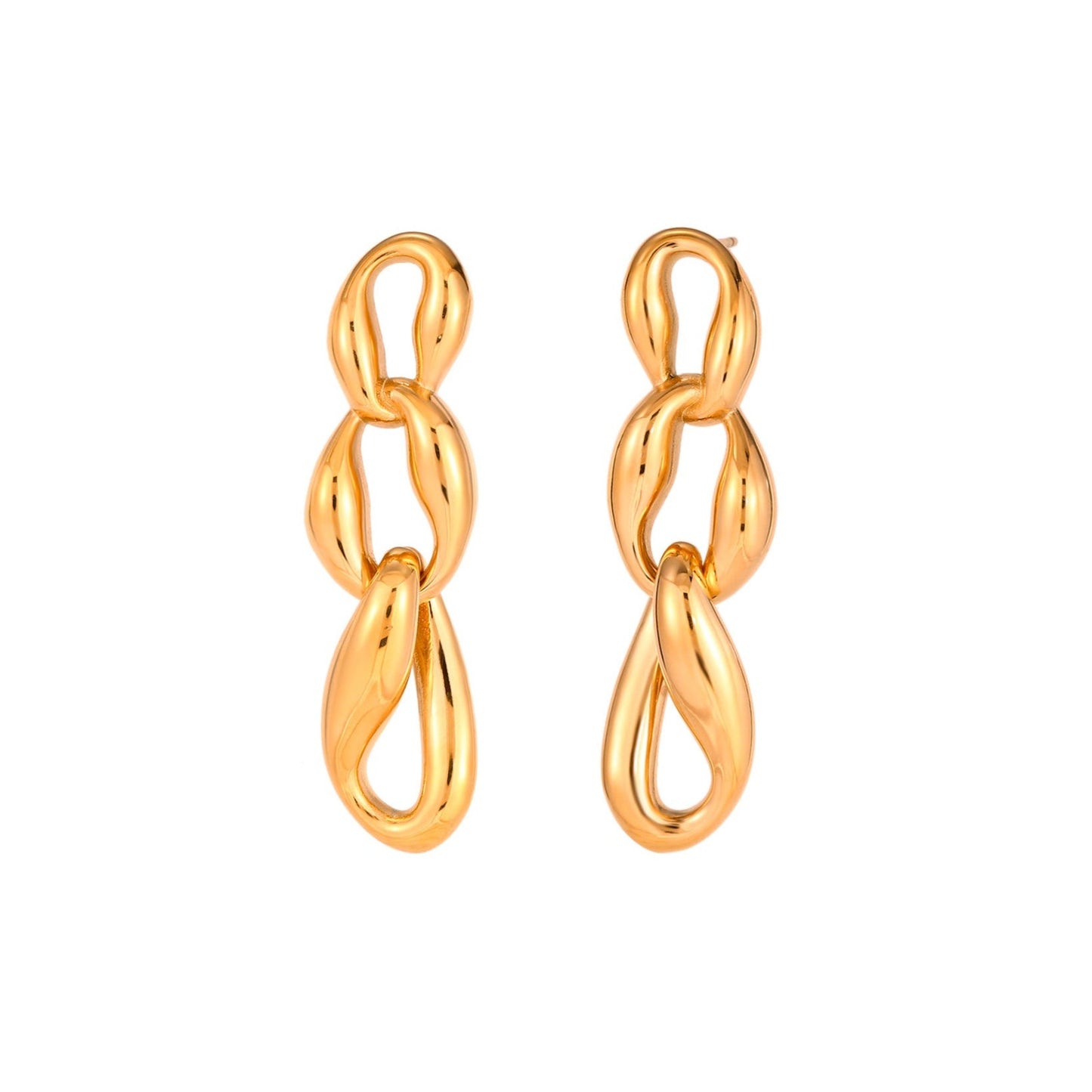 pendientes de largos de fiesta con ESLABONES GRUESOS para una invitada a boda o evento. No pesan y son perfectos para lóbulo rasgado. Son hipoalergénicos y resistentes al agua. Gold plated stainless steel long CHAIN earrings