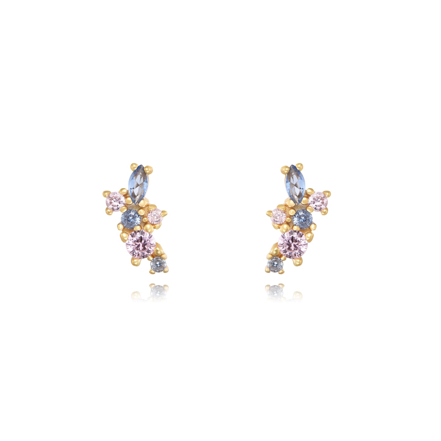 pendientes de fiesta de semi círculo multi en color rosa y azul pastel. perfectos para invitada a boda. son de plata de ley con baño de oro 18 kilates. gold plated sterling silver half circle blue and pink zircon holiday earrings