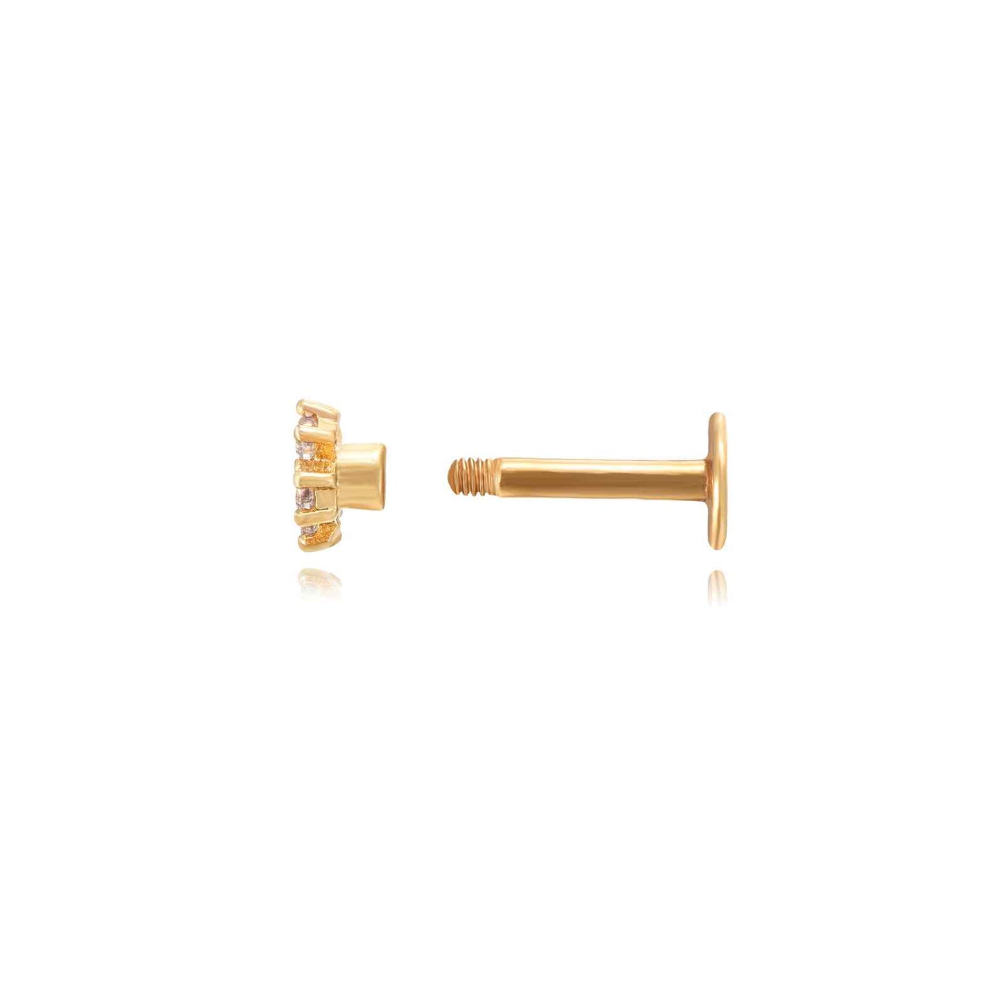 pendiente piercing de flor en acero inoxidable e hipoalergénico bañado en oro 18 kilates. Cierre de bolita. Perfecto para cartílago como helix, tragus, conch. GOld plated stainless steel blue zircon flower cartilage piercing earring.