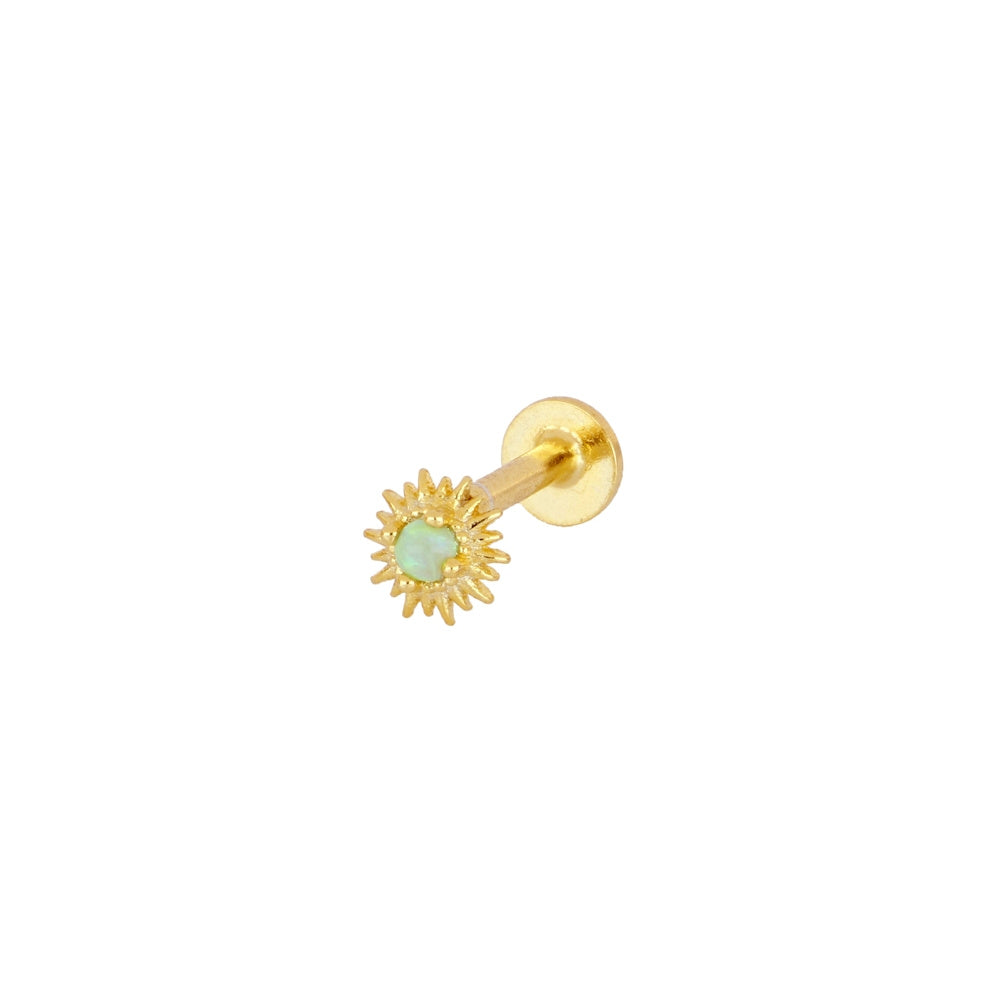 mini piercing pequeño para helix de sol Con brillante ópalo verde Y cierre plano rosca. Es anti alergico O HIPOALERGÉNICO porque está confeccionado en plata de ley con baño de oro. Perfecto para helix, tragus, anti helix, daith, conch. Gold plated round TINY SMALL  green ZIRCON anti allergic helix sun piercing earring