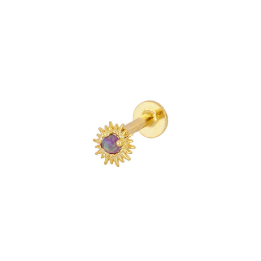 mini piercing pequeño para helix de sol Con brillante ópalo lila Y cierre plano rosca. Es anti alergico O HIPOALERGÉNICO porque está confeccionado en plata de ley con baño de oro. Perfecto para helix, tragus, anti helix, daith, conch. Gold plated round TINY SMALL purple ZIRCON anti allergic helix sun piercing earring