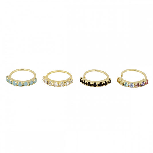 pendiente de piercing con aro flexible y brillante que es fácil de poner. es de plata de ley con baño de oro 18 kilates. Colores disponibles: blanco, negro, azul turquesa y multicolor. Gold hoop huggie piercing earring
