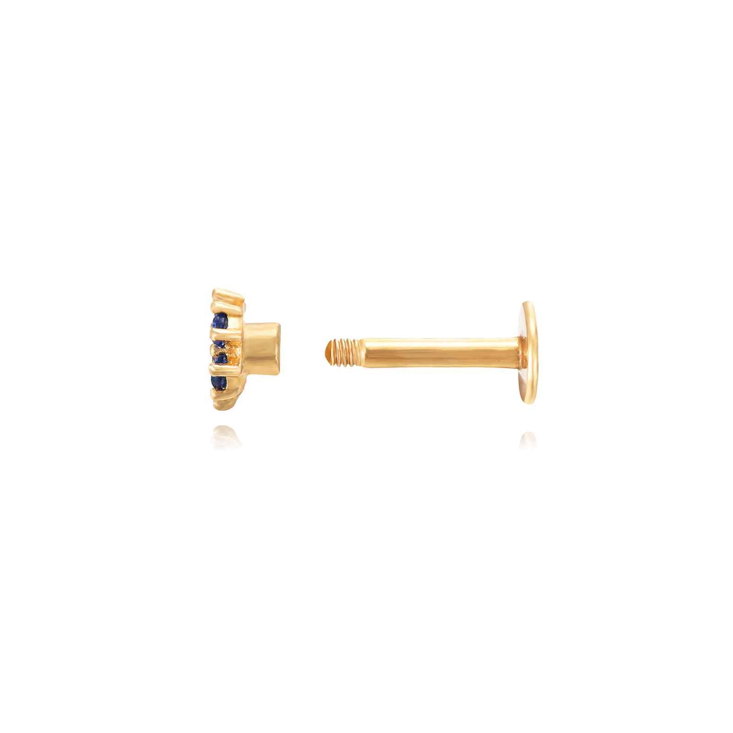 pendiente piercing de flor en acero inoxidable e hipoalergénico bañado en oro 18 kilates. Cierre de bolita. Perfecto para cartílago como helix, tragus, conch. GOld plated stainless steel blue zircon flower cartilage piercing earring.