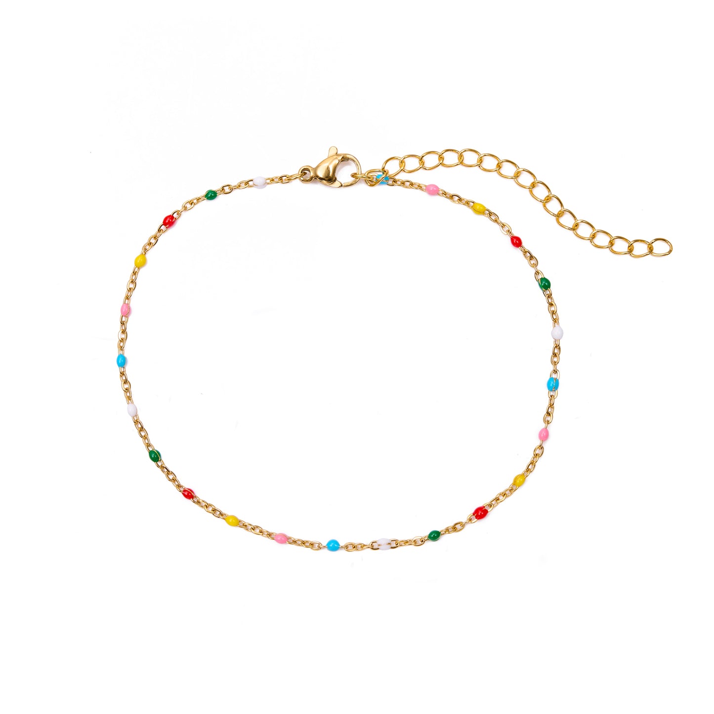 pulsera dorada waterproof o resistente al agua confeccionada en acero con baño de oro de 3 micras. Tiene bolitas de enamel multicolor y el cierre es ajustable. collar hipoalergénico e inoxidable. gold plated stainless steel rainbow bead bracelet.