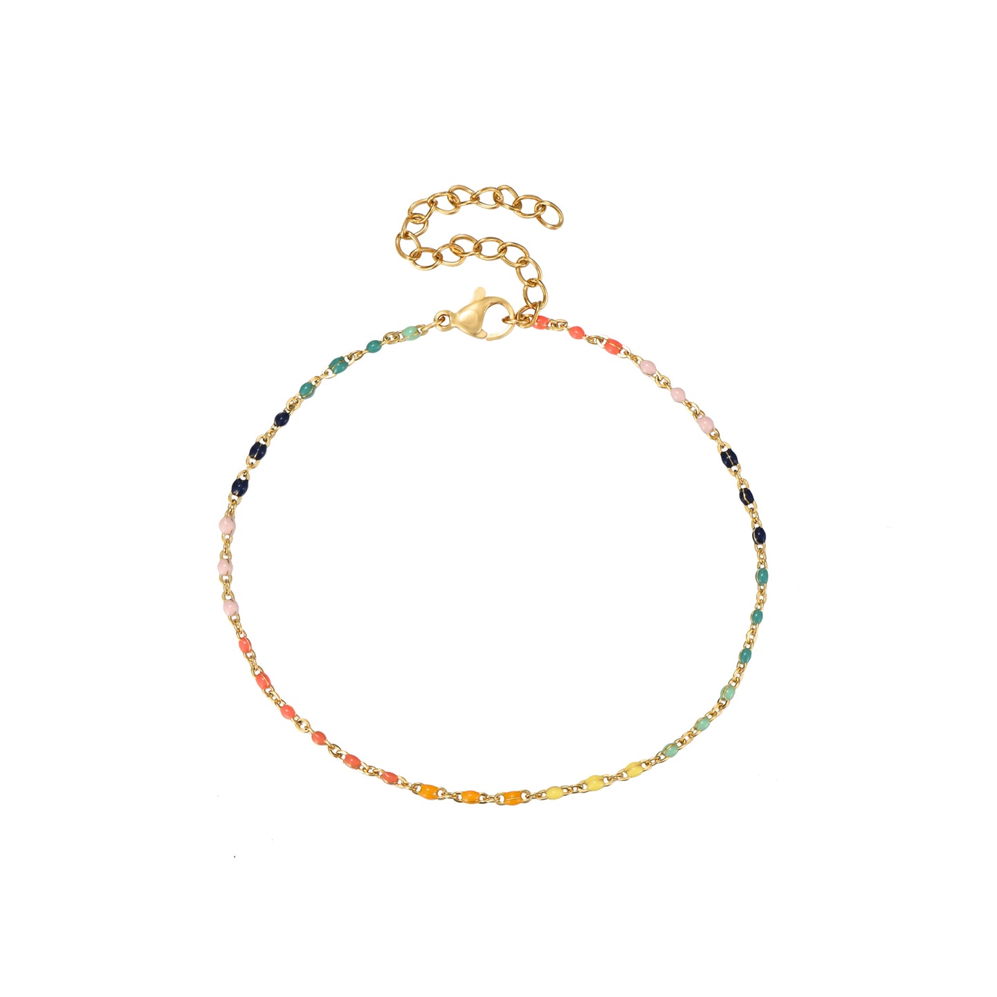 pulsera dorada waterproof o resistente al agua confeccionada en acero con baño de oro de 3 micras. Tiene bolitas de enamel multicolor y el cierre es ajustable. collar hipoalergénico e inoxidable. gold plated stainless steel rainbow bead bracelet.