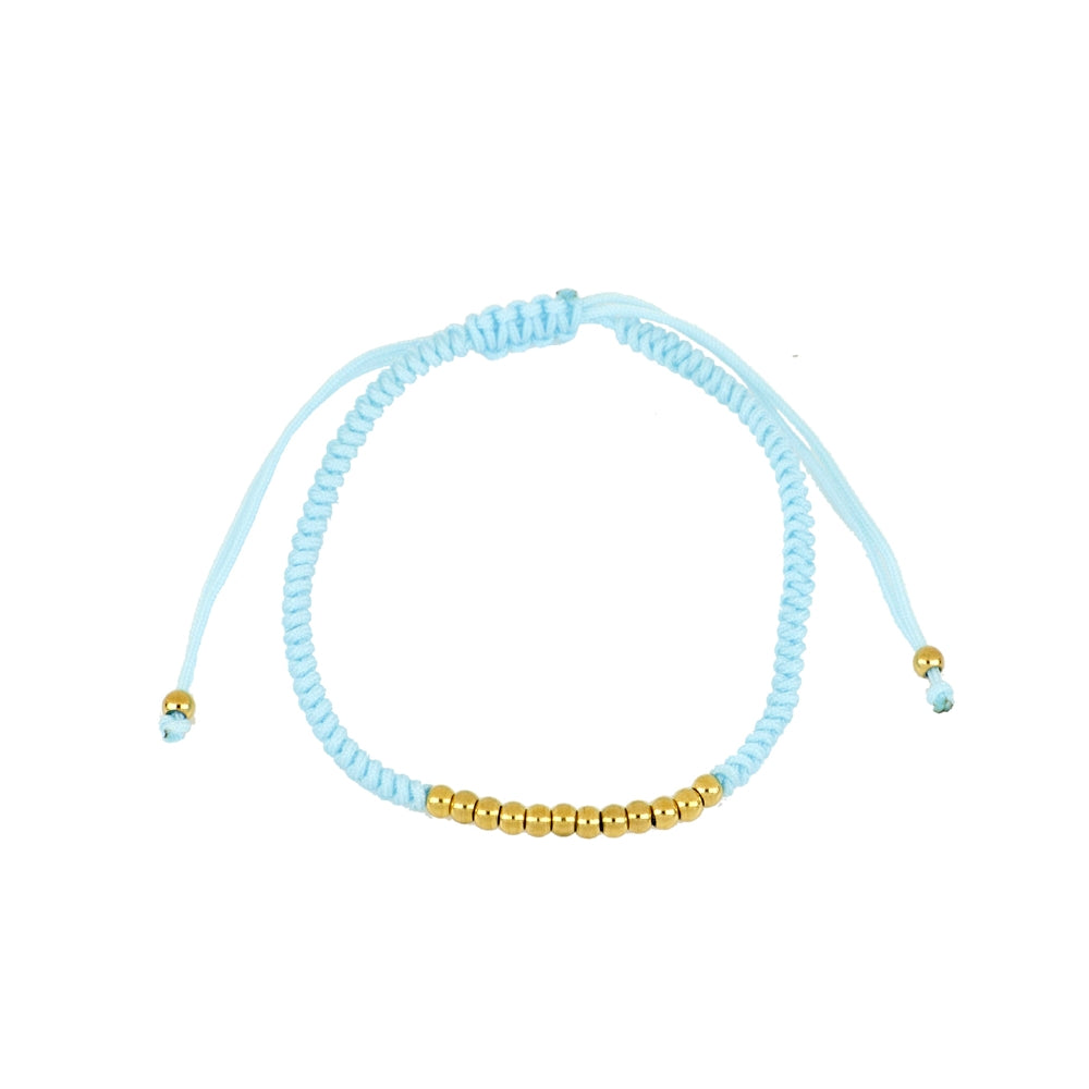 pulsera de hilo trenzado en colores con bolitas doradas. el material es acero hipoalergénico resistente al agua.Gold plated stainless steel waterproof bead colorful braid bracelet