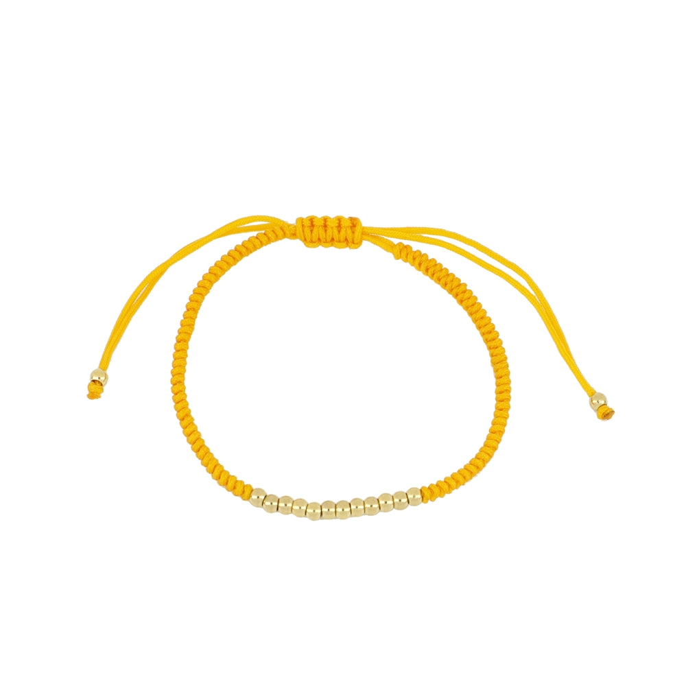 pulsera de hilo trenzado en colores con bolitas doradas. el material es acero hipoalergénico resistente al agua.Gold plated stainless steel waterproof bead colorful braid bracelet