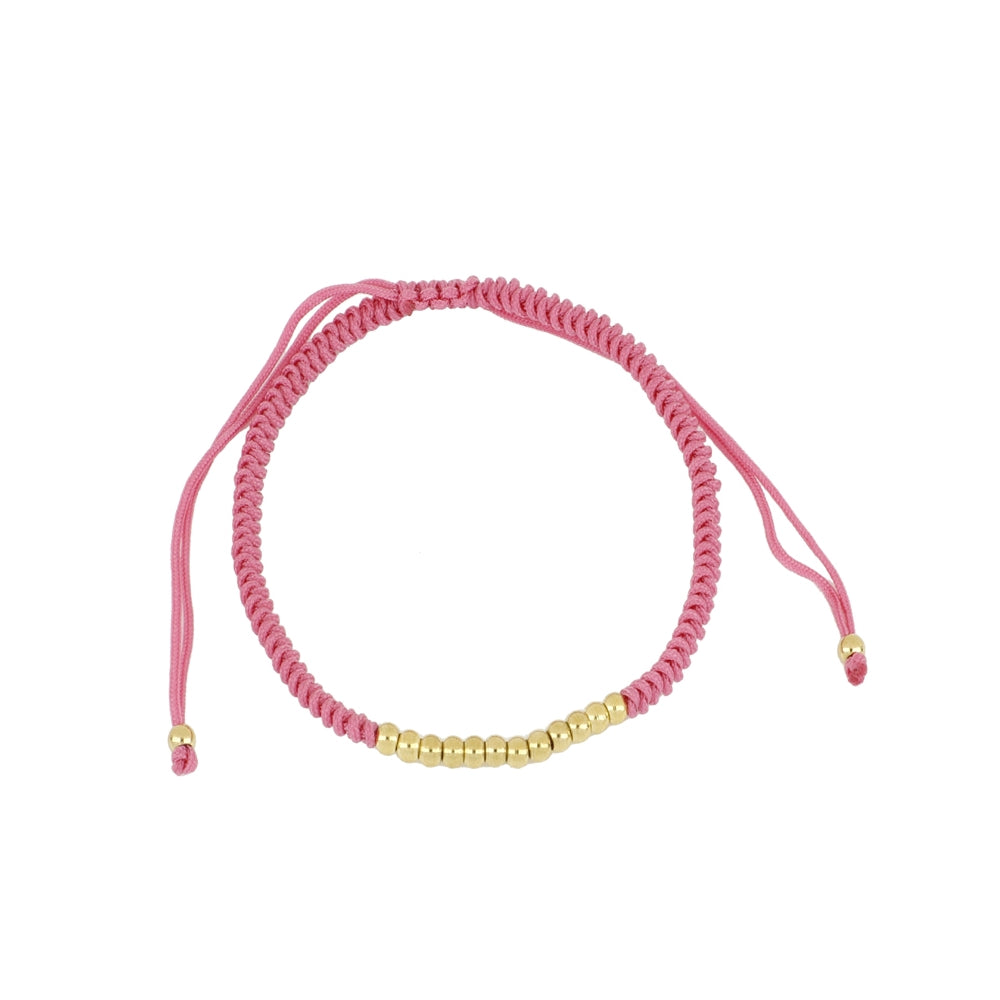 pulsera de hilo trenzado en colores con bolitas doradas. el material es acero hipoalergénico resistente al agua.Gold plated stainless steel waterproof bead colorful braid bracelet