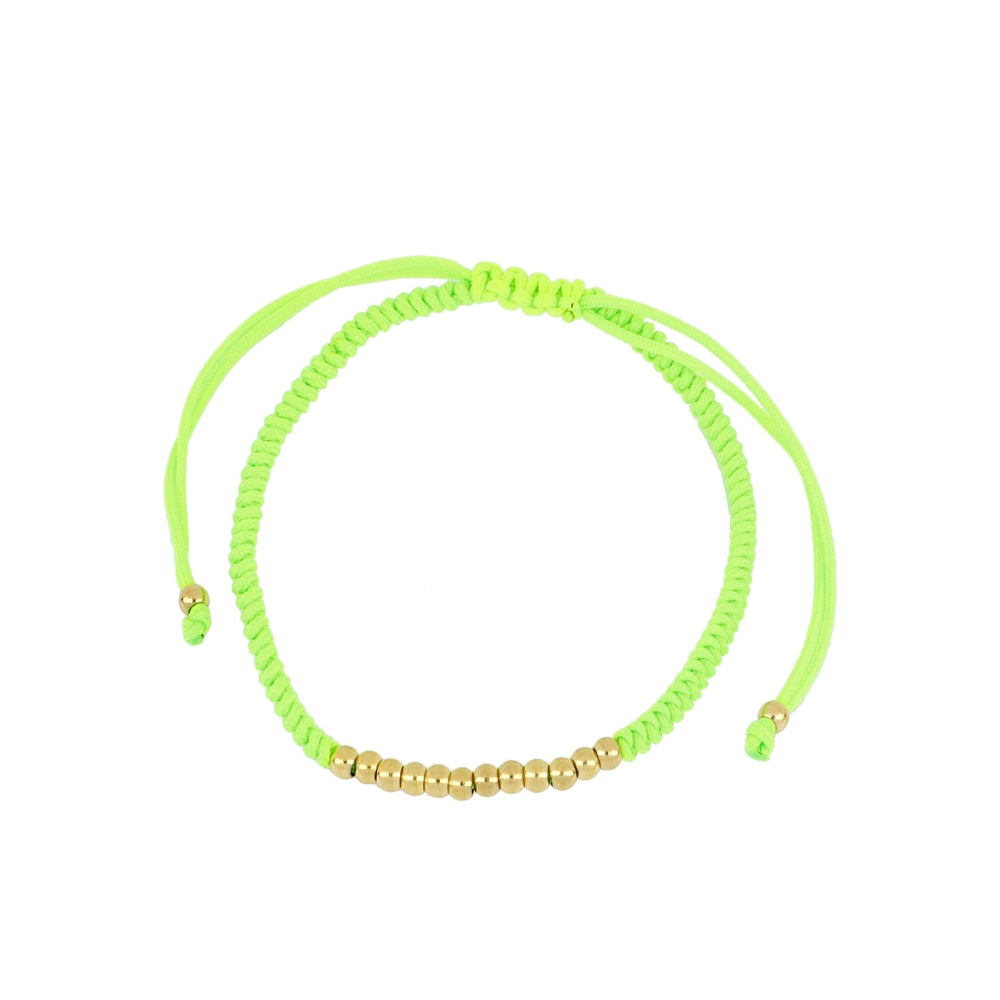 pulsera de hilo trenzado en colores con bolitas doradas. el material es acero hipoalergénico resistente al agua.Gold plated stainless steel waterproof bead colorful braid bracelet