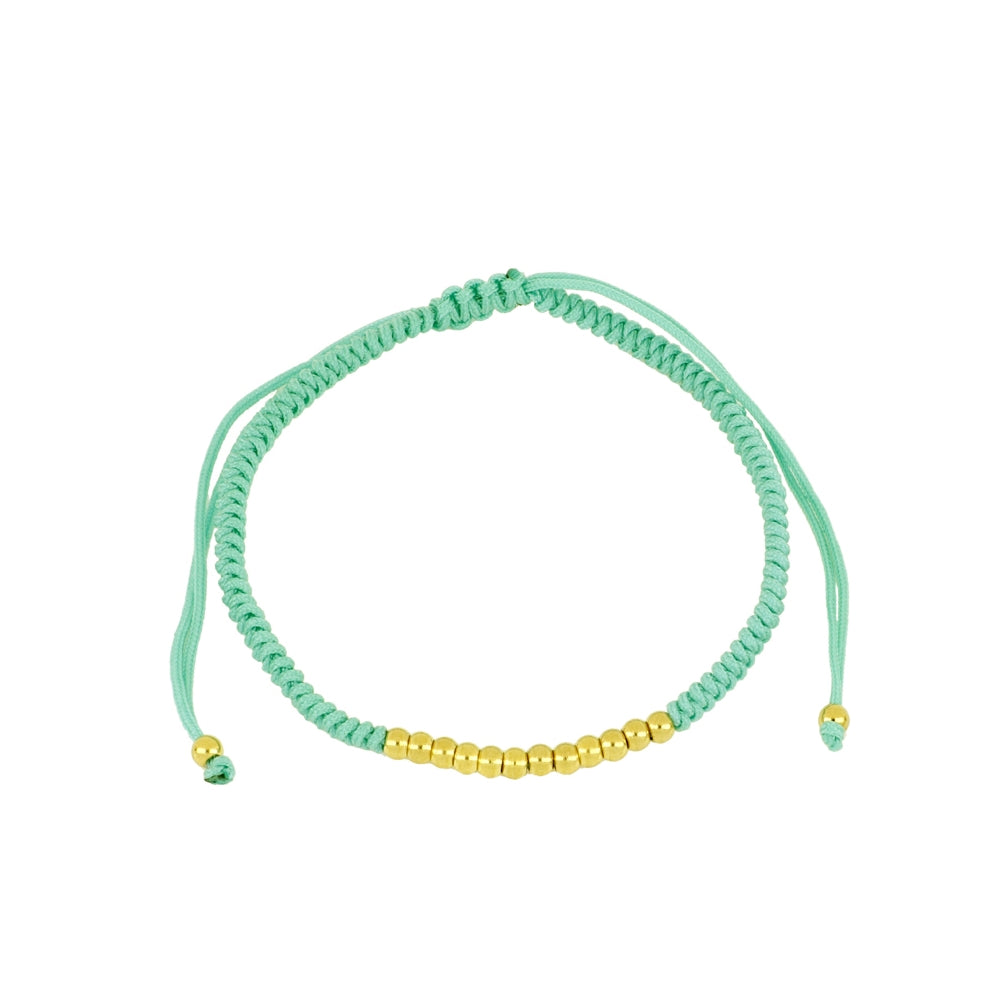 pulsera de hilo trenzado en colores con bolitas doradas. el material es acero hipoalergénico resistente al agua.Gold plated stainless steel waterproof bead colorful braid bracelet