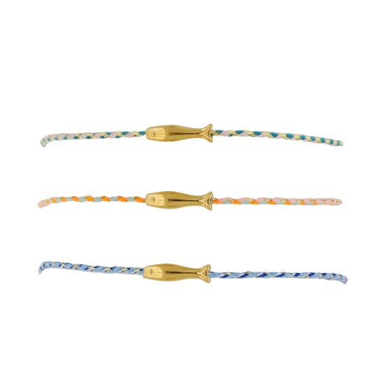 pulsera waterproof o resistente al agua confeccionada con cordón dorado y rosa con abalorios de piedra natural y acero dorado. Cierre ajustable, colgante de concha, pez, cangrejo y abalorios de colores (CORAL, azul TURQUESA, naranja, verde, marrón)