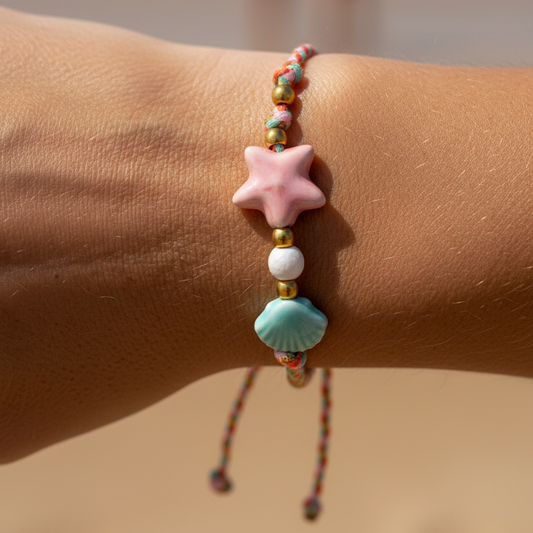 pulsera DE VERANO waterproof o resistente al agua confeccionada con cordón rosa con abalorios de cerámica y acero dorado. Cierre ajustable, colgante de estrella de mar y concha en color rosa y azul turquesa. Ideal para regalar a mujeres, niñas y adolescentes en vacaciones.