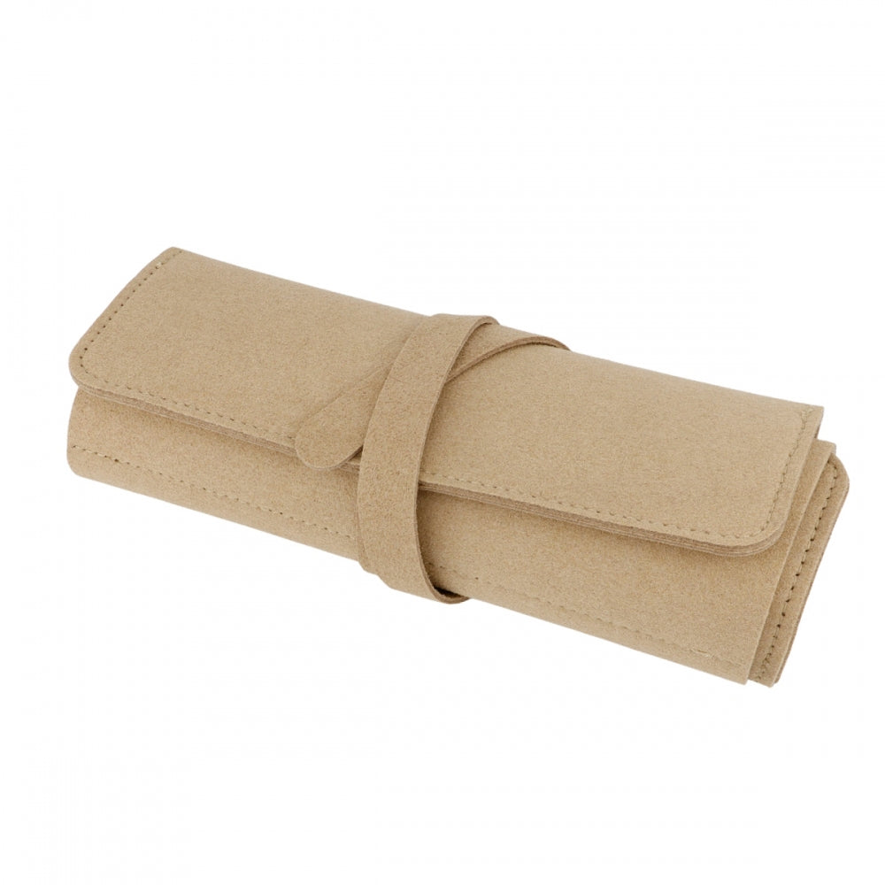 joyero de viaje enrollable o plegable, con compartimentos para llevar collares, pulseras, anillos y pendientes. Tiene revestimiento de terciopelo o microfibra para proteger las joyas y que no se rayen. es un regalo perfecto para el día de la madre, para niñas y adolescentes.