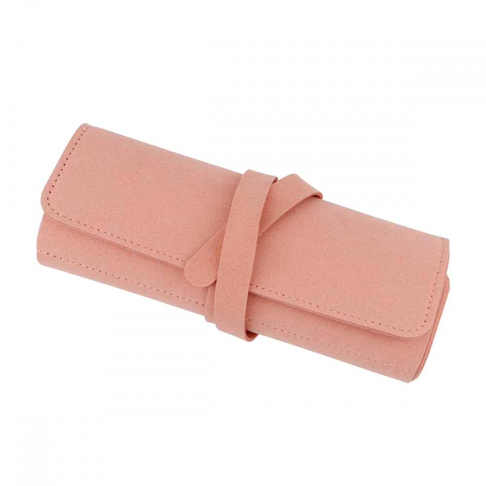 joyero de viaje enrollable o plegable, con compartimentos para llevar collares, pulseras, anillos y pendientes. Tiene revestimiento de terciopelo o microfibra para proteger las joyas y que no se rayen. es un regalo perfecto para el día de la madre, para niñas y adolescentes.