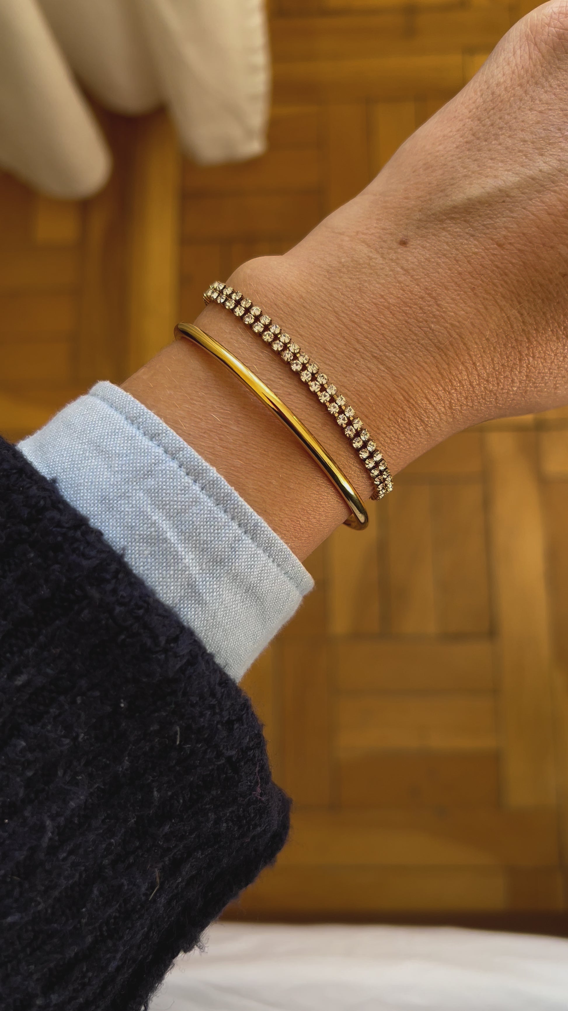 pulsera tenis de brillantes en acero hipoalergenico con baño de oro y circonitas. Gold plated stainless steel tennis zircon rhinestone bracelet