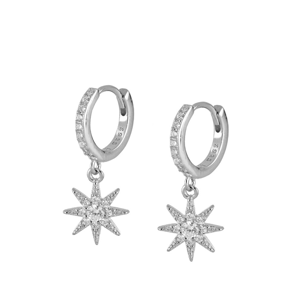 pendientes de aro con estrella confeccionados en plata de ley con baño de oro 18 kilates y circonitas