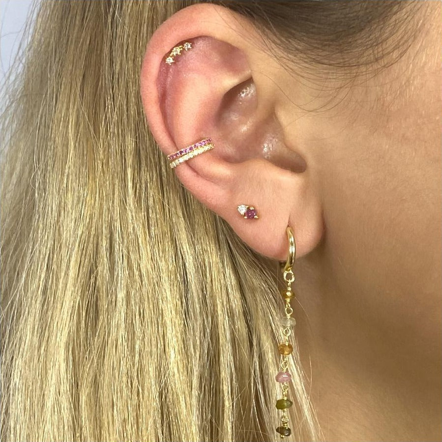 pendientes de aro con cierre fácil para piercing y cadenita colgante de piedra natural turmalina