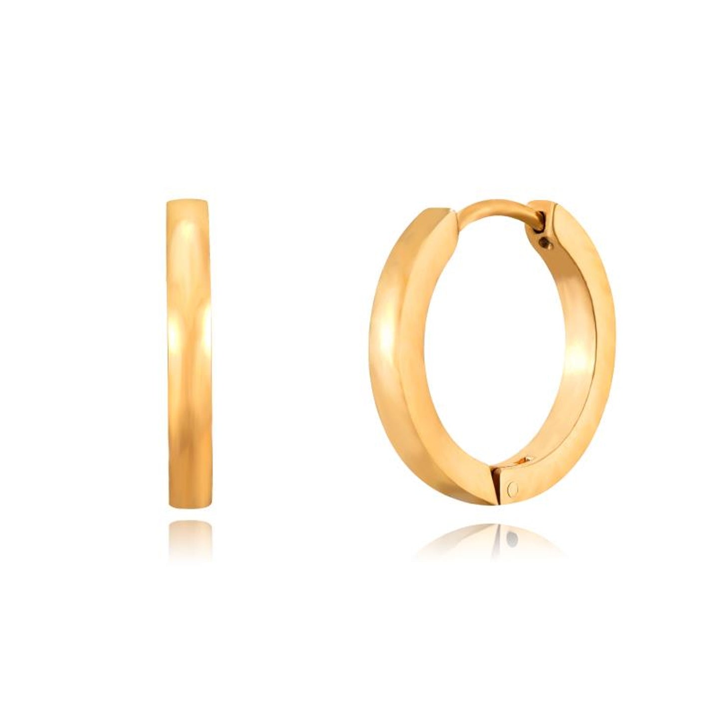 Aros básicos de piercing básicos con cierre fácil resistentes al agua. Son hipoalergénicos y están confeccionados en acero inoxidable con baño de oro 18 kilates. Gold plated stainless steel waterproof hoop earrings for helix piercing.