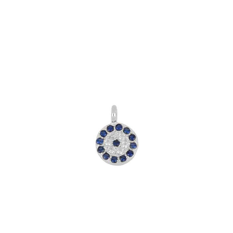 colgante o charm de ojo turco con circonitas para personalizar una joya como gargantilla o pulsera y que está confeccionado en plata de ley con baño de oro 18 kilates