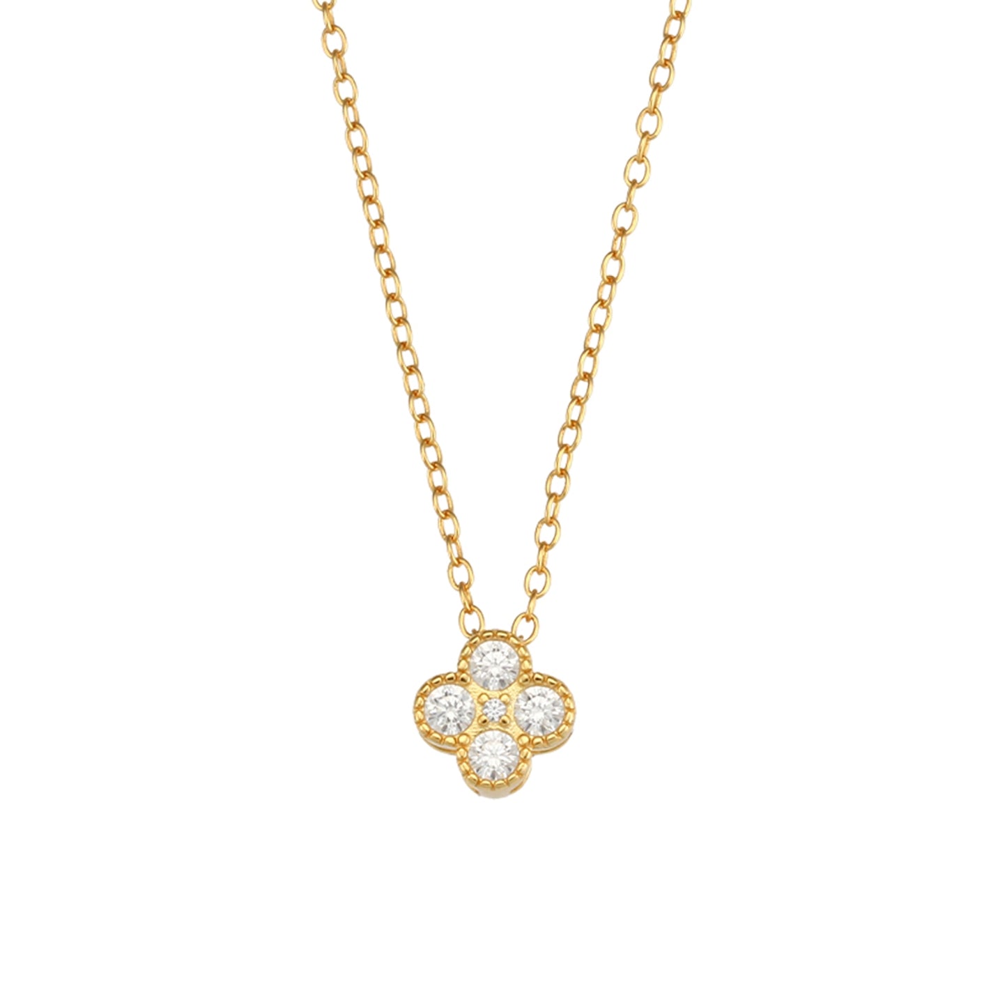 gargantilla con colgante de flor o trébol de circonitas. está confeccionada en plata de ley con baño de oro. gold plated sterling silver zircon flower pendant necklace