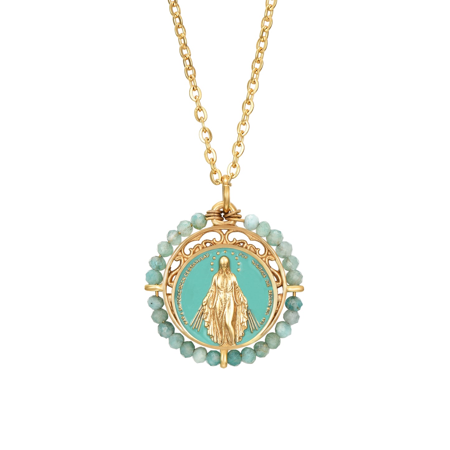 collar o cadena con medalla de la virgen milagrosa y piedra mineral labradorita. Esta gargantilla está confeccionada en acero 316L hipoalergénico con baño de oro 18 kilates y es resistente al agua. Gold plated stainless steel virgin mary pendant necklace with natural turquoise mineral stone.