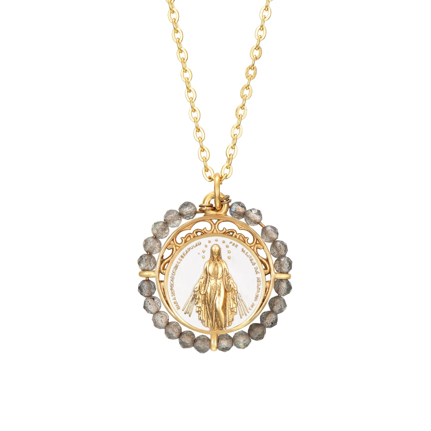 collar o cadena con medalla de la virgen milagrosa y piedra mineral labradorita. Esta gargantilla está confeccionada en acero 316L hipoalergénico con baño de oro 18 kilates y es resistente al agua. Gold plated stainless steel virgin mary pendant necklace with natural mineral stone.