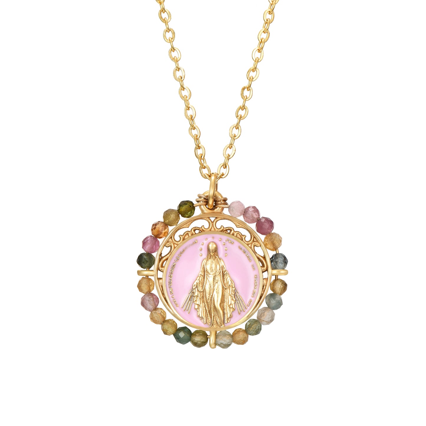 collar o cadena con medalla de la virgen milagrosa y piedra mineral labradorita. Esta gargantilla está confeccionada en acero 316L hipoalergénico con baño de oro 18 kilates y es resistente al agua. Gold plated stainless steel virgin mary pendant necklace with natural mineral stone.