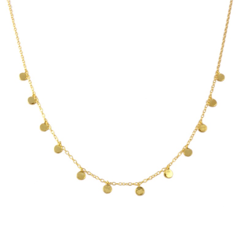 gargantilla de medallitas o chapitas colgantes confeccionada en plata de ley 925 con baño de oro 18 kilates. Gold plated sterling silver medal necklace
