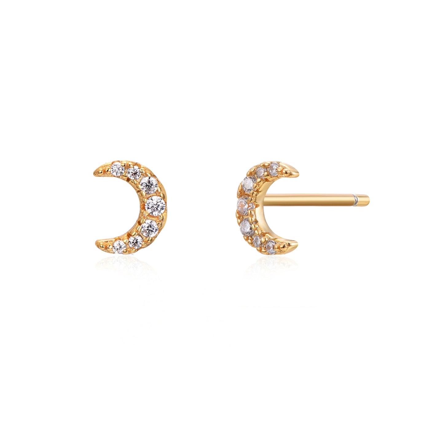 mini pendientes para piercing de media luna con circonitas. Son hipoalergénicos porque están confeccionados en plata de ley con baño de oro 18 kilates. Gold plated sterling silver zircon tiny moon piercing earrings.